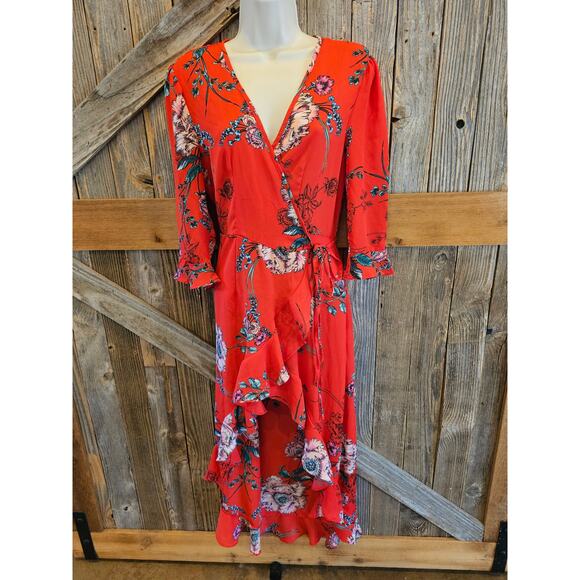 The haute project Medium boho peasant floral high low wrap dress coral red EUC - Picture 3 of 11